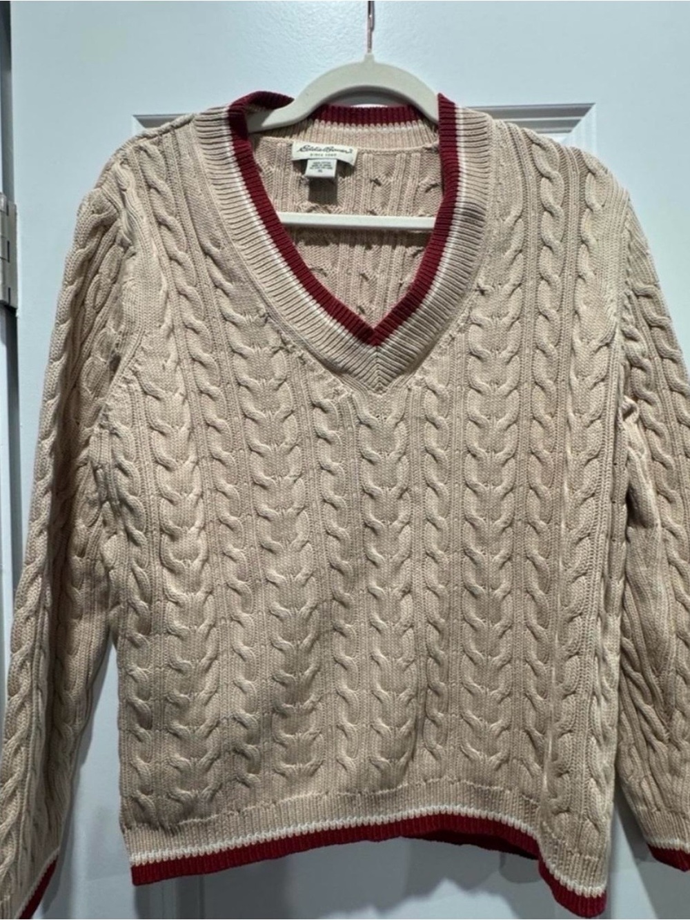 VTG 90s Eddie Bauer Cable Knit V-Neck Sweater Oversized Varsity Beige Red XL